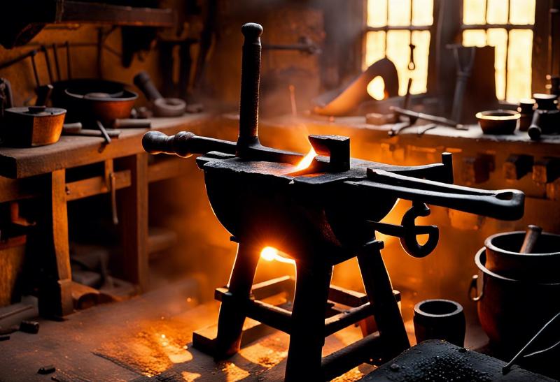Un artiste forgeant une sculpture fer dans son atelier, utilisant un marteau et une enclume pour façonner le métal chauffé.